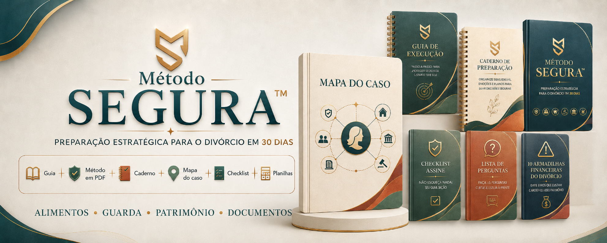 Kit completo do Método SEGURA™: guia de execução, método em PDF, caderno de preparação, Mapa do Caso, checklists e bônus